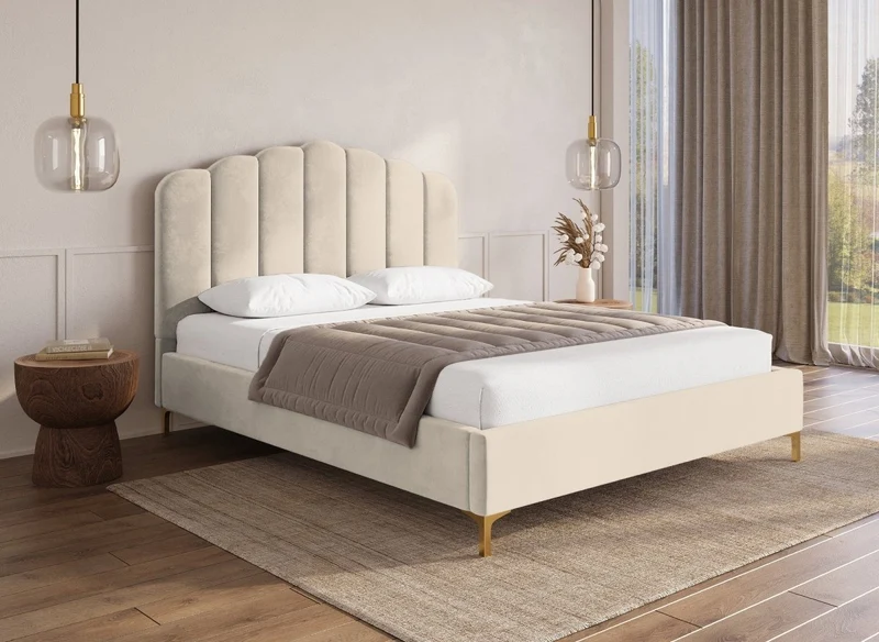 Lit double en velours beige 180x200 cm MARION